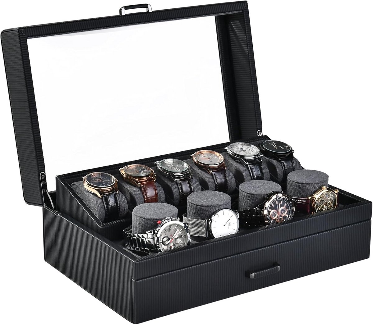 Luxe Horlogedoos met Lade voor Mannen - Displayhouder voor 10 Horloges en Manchetknopen