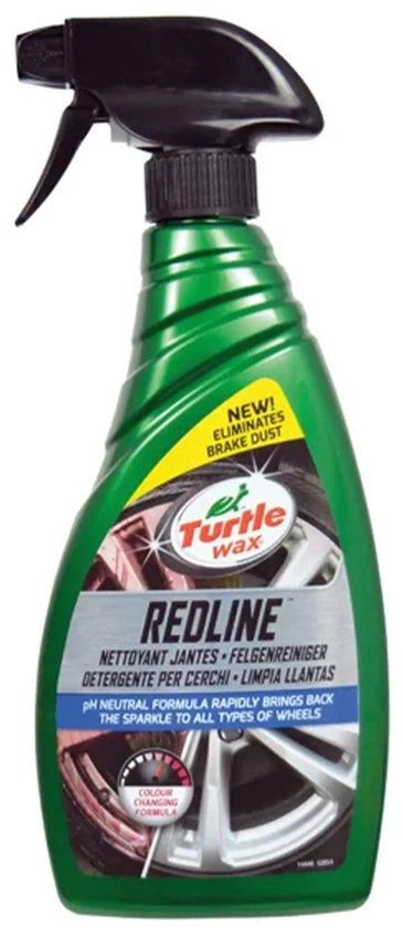 Nettoyant pour jantes vert Turtle Wax Redline avec une image de jantes et le texte 'NEW! Eliminates Brake Dust'.