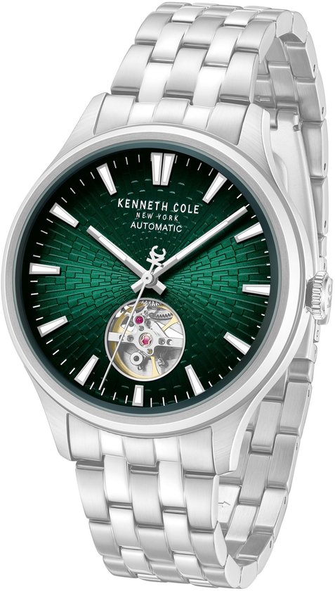 Zilverkleurig horloge met een groene, getextureerde wijzerplaat met indexen en zichtbaar uurwerk.