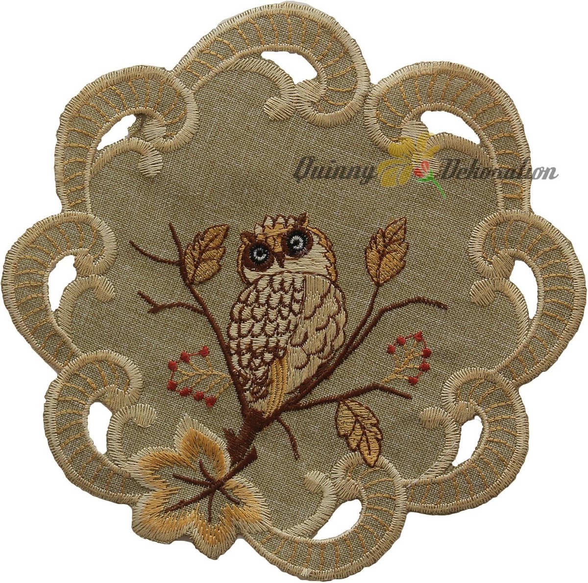 Ronde Groen Beige Tafeloploper met Uilen Borduurwerk Linnen-Look
