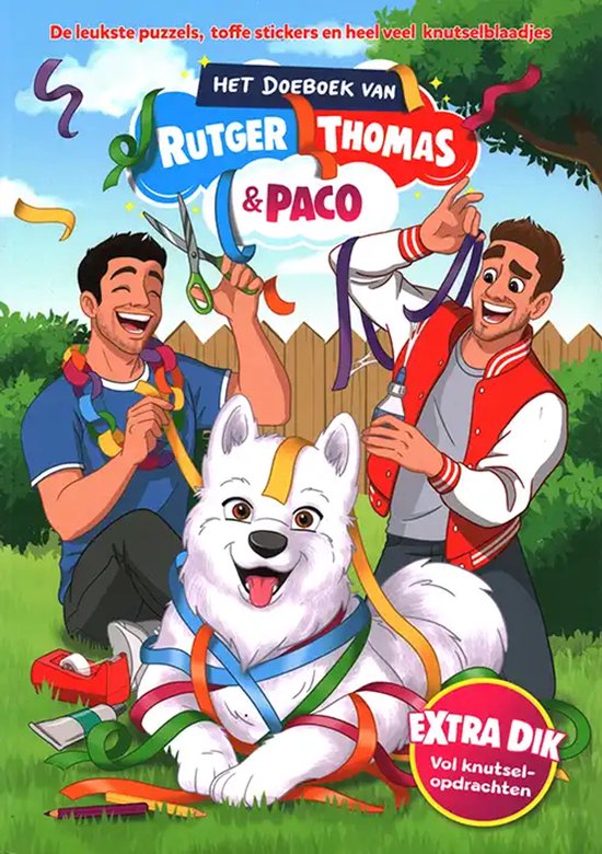 Twee lachende mannen met een witte hond, omwikkeld met gekleurde linten. Tekst: 'Het Doeboek van Rutger Thomas & Paco'.