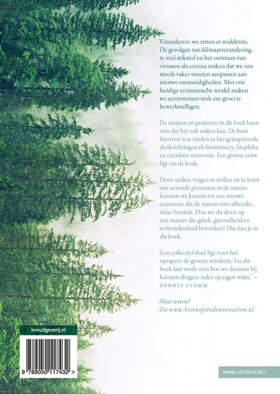 Groene bomen op een lichte achtergrond met tekstblokken en een barcode.