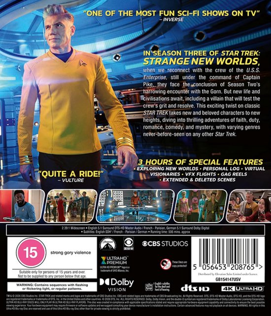 Achterkant Star Trek Strange New Worlds Seizoen Drie 4K Ultra HD Blu-ray hoes. Boven een quote, dan de plot, dan screenshots en speciale features.