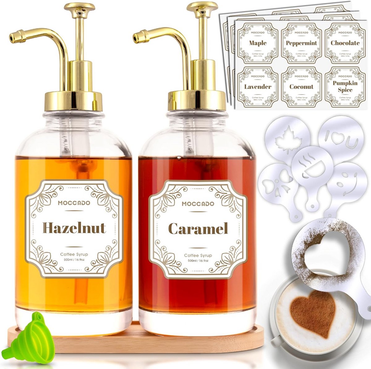 Set van 2 Glazen Koffiestroop Dispensers met Pomp en Bamboe Plateau - 500ml