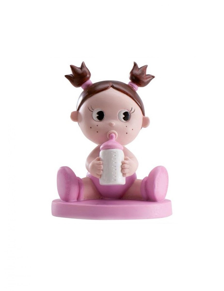 DEKORA - Hars beeldje meisje met fles 10 cm baby shower decoratie