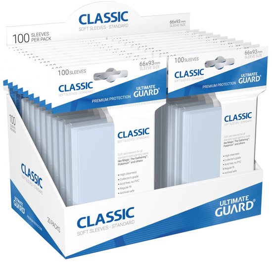 Display met 20 pakken Classic soft sleeves, elk 100 stuks. Standaardmaat 66x93 mm. Voor kaarten zoals Magic, Pokémon.