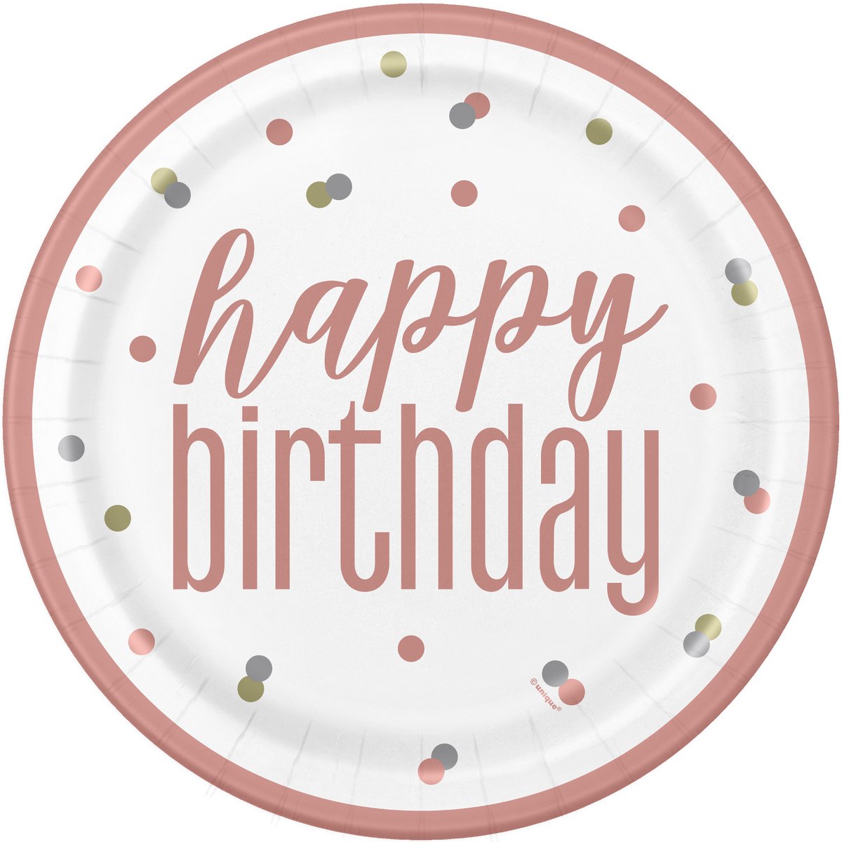 UNIQUE - 8 Happy Birthday kartonnen borden wit en roze met stippen 23 cm