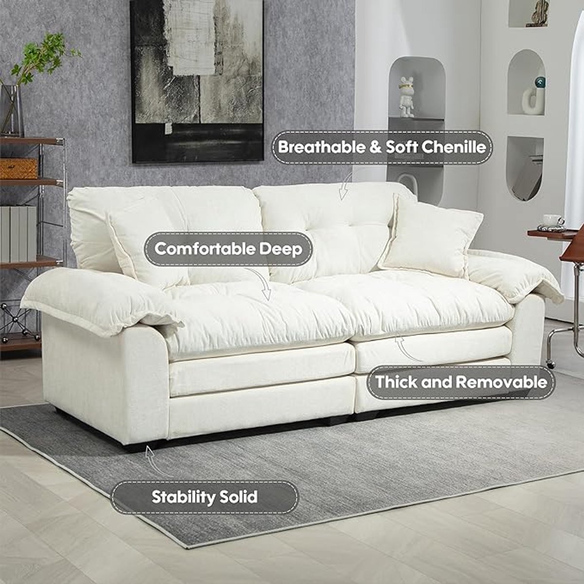 2-Zits Bank 213 x 88 x 90 cm – Moderne Chenille Sofa met Memory Foam en Pocketveren, Ergonomische Rugleuning en Massief Houten Frame – Beige – Pauwhome