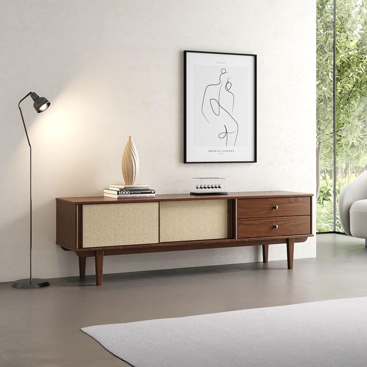 TV-meubel 175x41x52 cm – Massief Grenenhout & Rotan – Mid Century Lowboard met 2 Laden en Schuifdeuren – Kastanje Bruin – Abkantoor