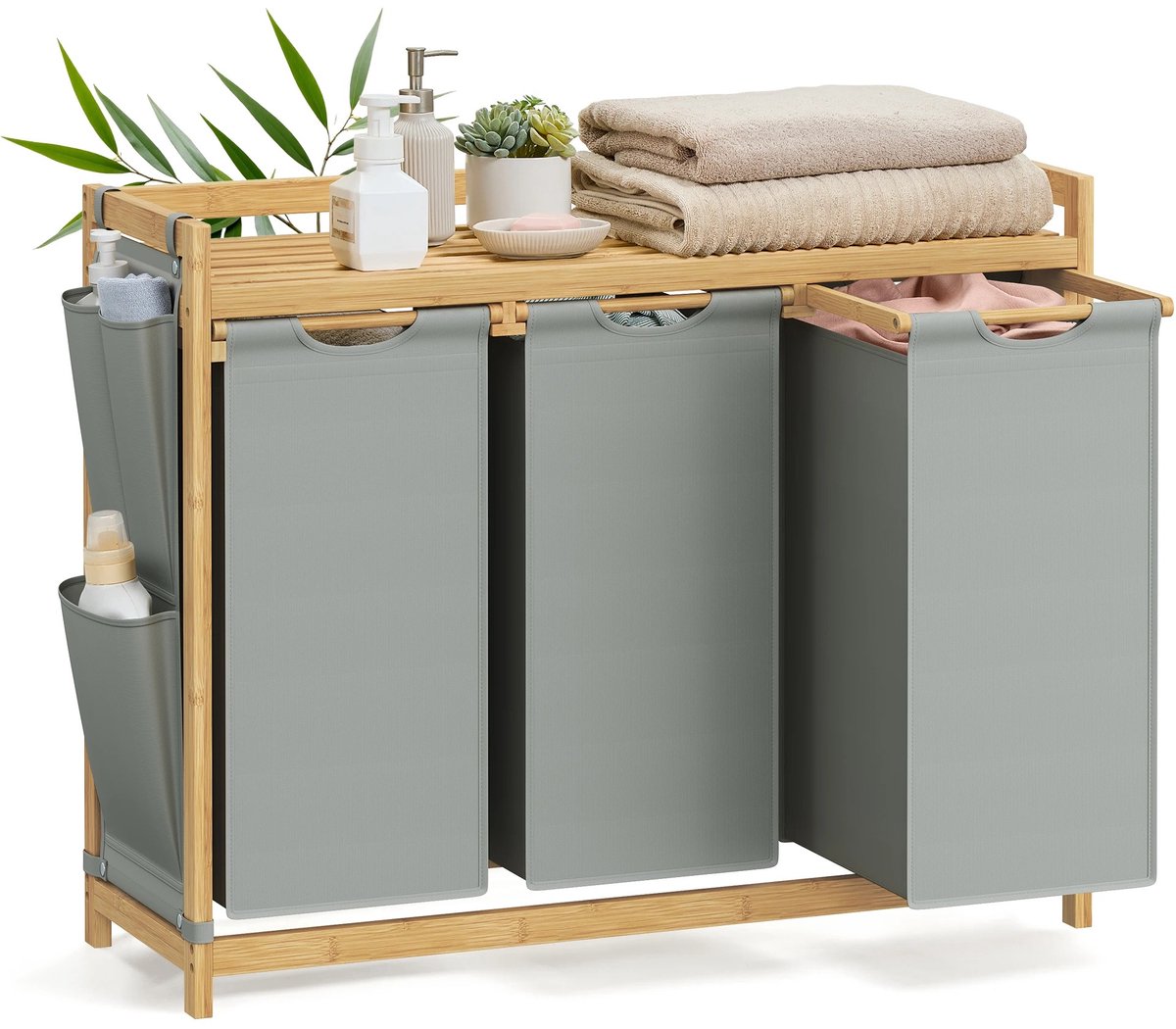 NaevaMi Wasmand 3 Vakken – Wassorteerder - Wasmanden - Wasbox - Wassorteerder 3 vakken - Wasmand Hout - Wasmand Bamboe - 150 liter - 3 Compartimenten - Uitschuifbaar met Plank - 94 x 33 x 78 cm - Grijs