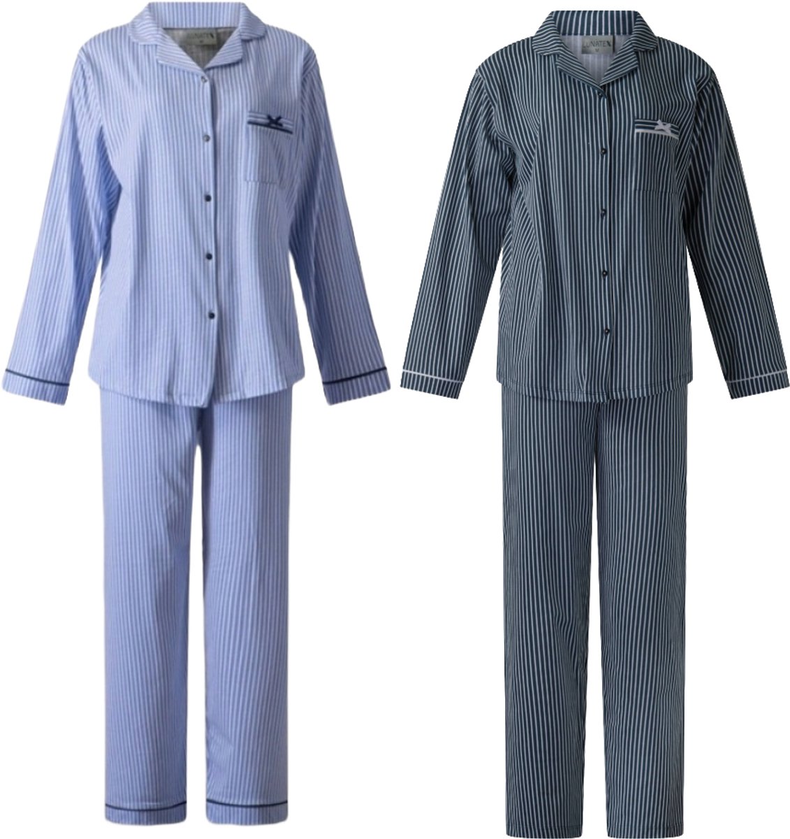 Lunatex 2 dames pyjama's met doorknoop - 100% katoen - licht- en donkerblauw