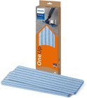 Philips OneUp vervangbare dweildoeken, 2 stuks, met blauwe en witte strepen, verpakt in een bruine doos.