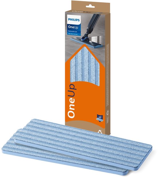 Philips OneUp vervangbare dweildoeken, 2 stuks, met blauwe en witte strepen, verpakt in een bruine doos.
