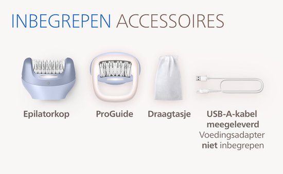 Inbegrepen accessoires: epilatorkop, ProGuide, draagtasje, USB-A-kabel