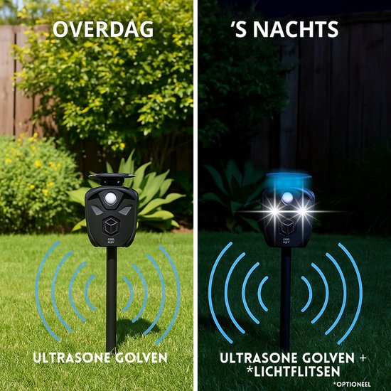 Zwarte ultrasone verjager overdag en 's nachts, met ultrasone golven en optionele lichtflitsen.