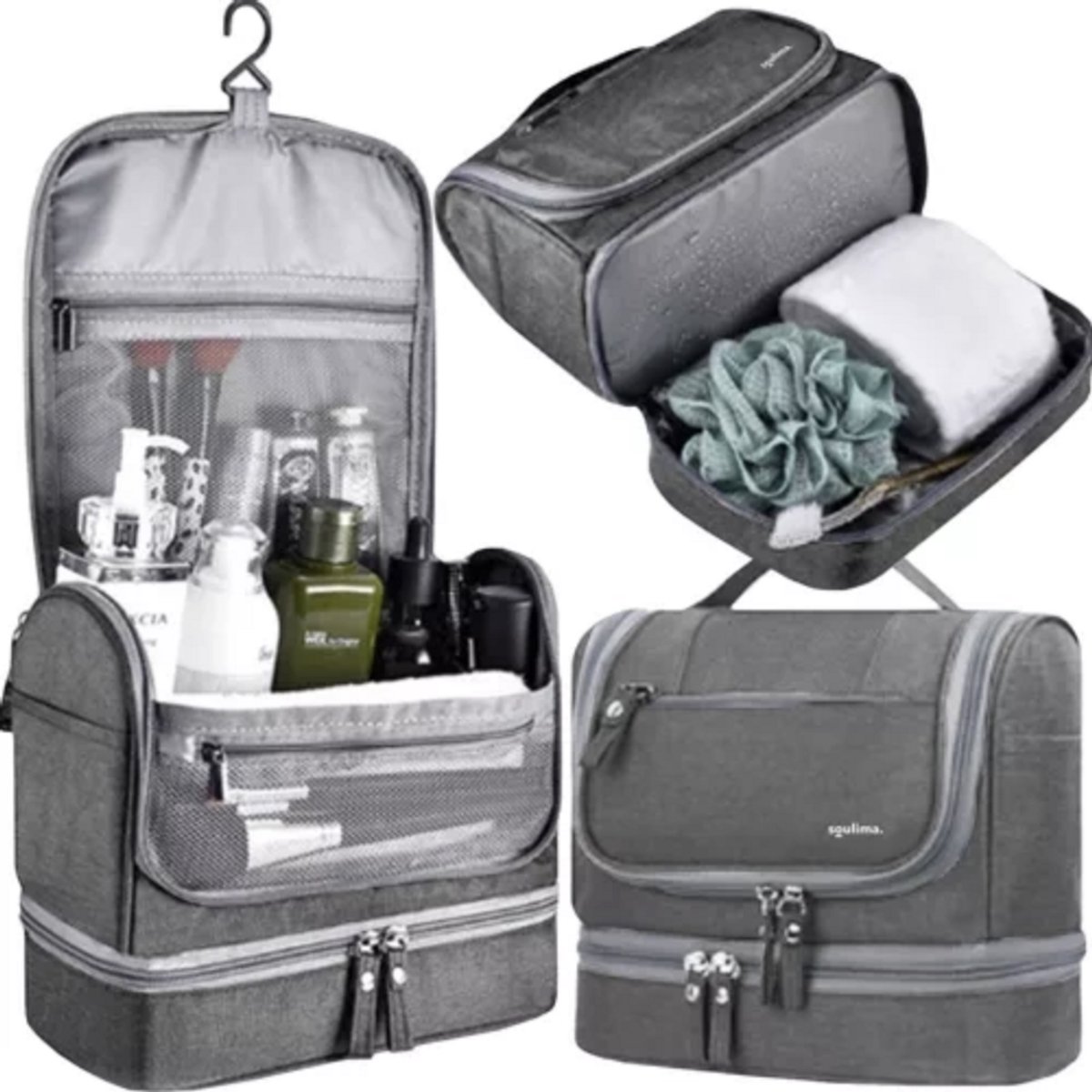 Soulima Hangende Toilettas / Cosmetica-Tas – Waterbestendig & Ruim – 11 Compartimenten – Grijs – Reistas Organizer