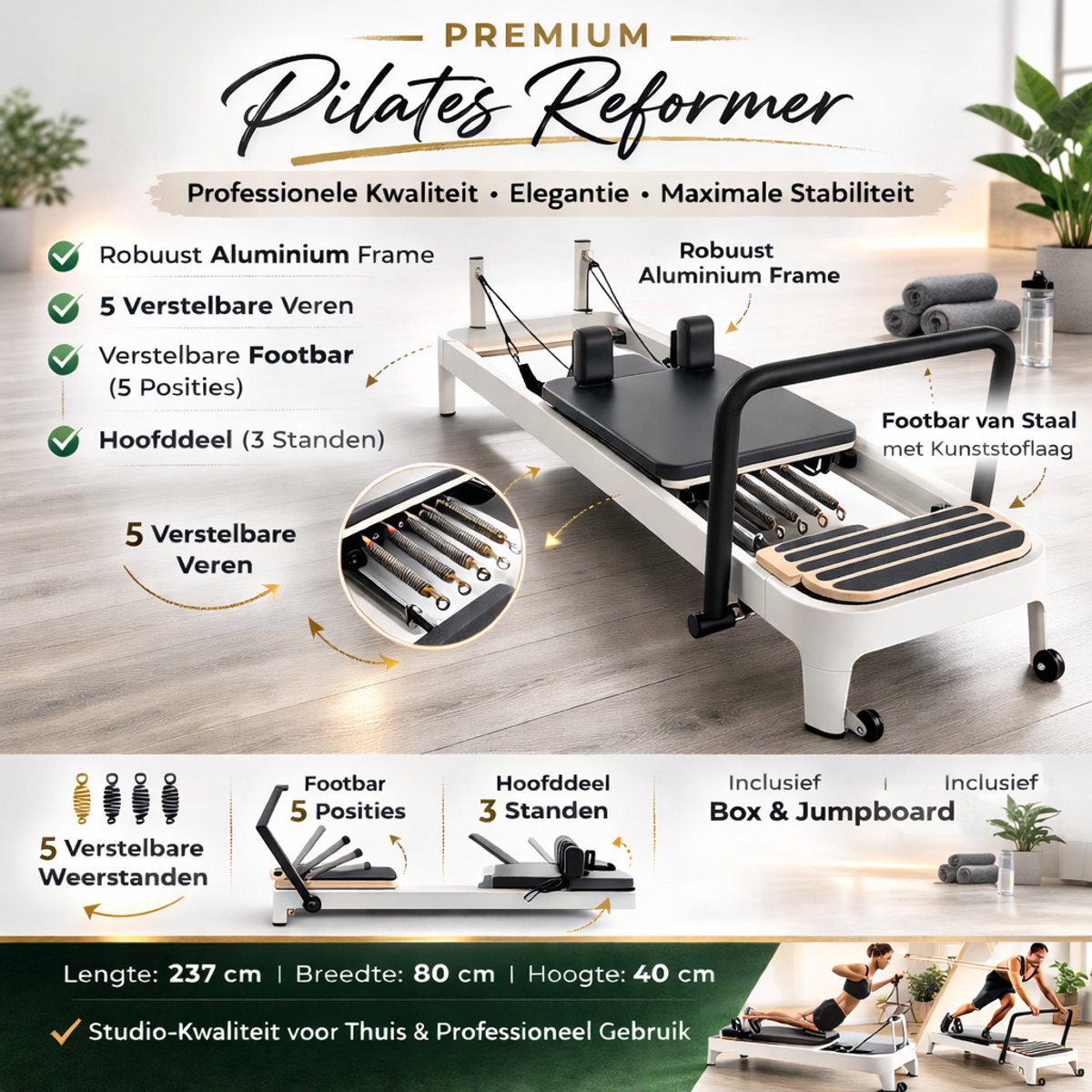 Premium Pilates Reformer met Box en Jumpboard - Wit & - afbeelding 3
