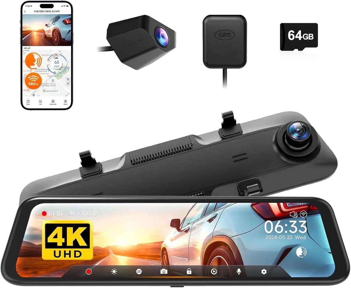 Allero Achteruitkijkspiegel - Met Camera - Digitaal 4K - Achteruitrijcamera - Dashcam - Dashcam voor Auto - WiFi - 64gb - zwart