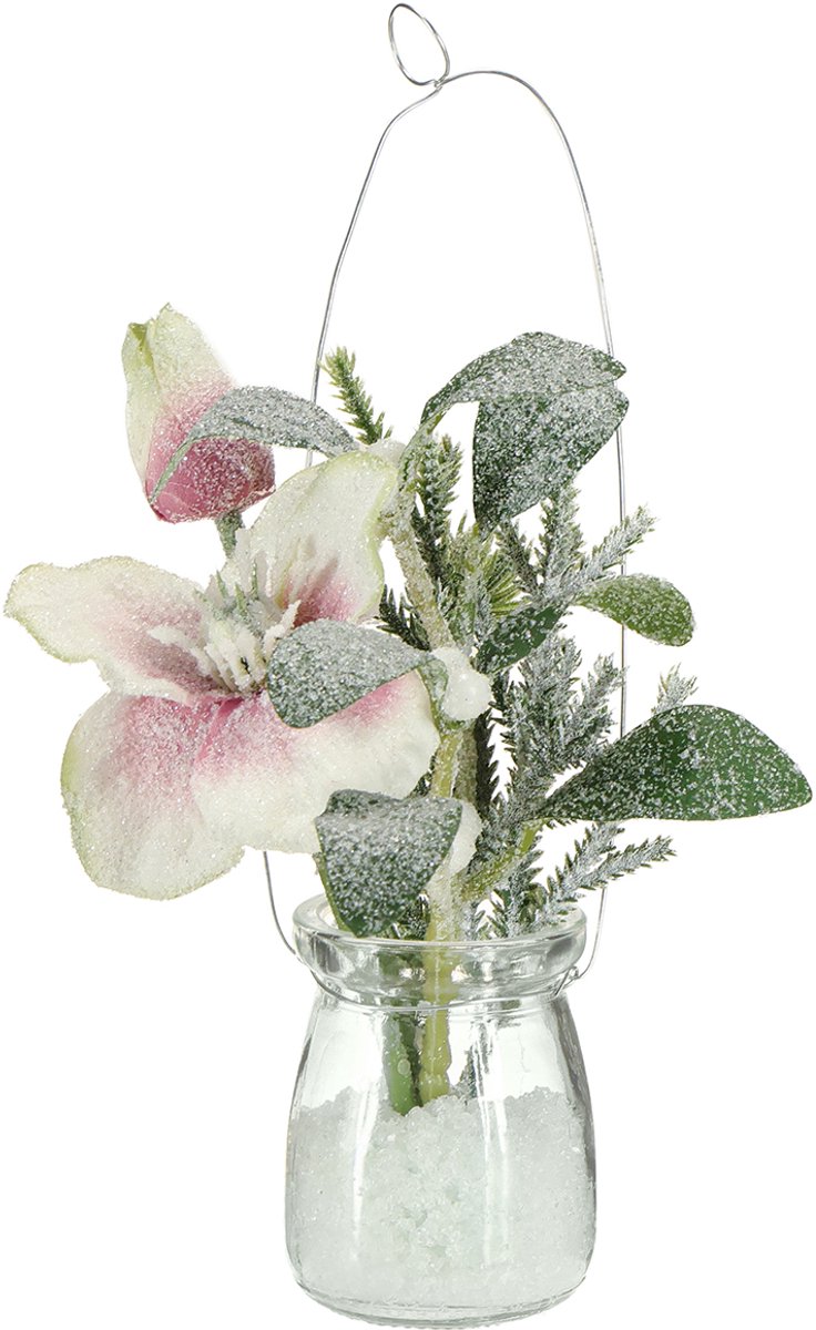 Viana Kunstkerstroos in glas kunstbloemen om op te hangen H22cm wit