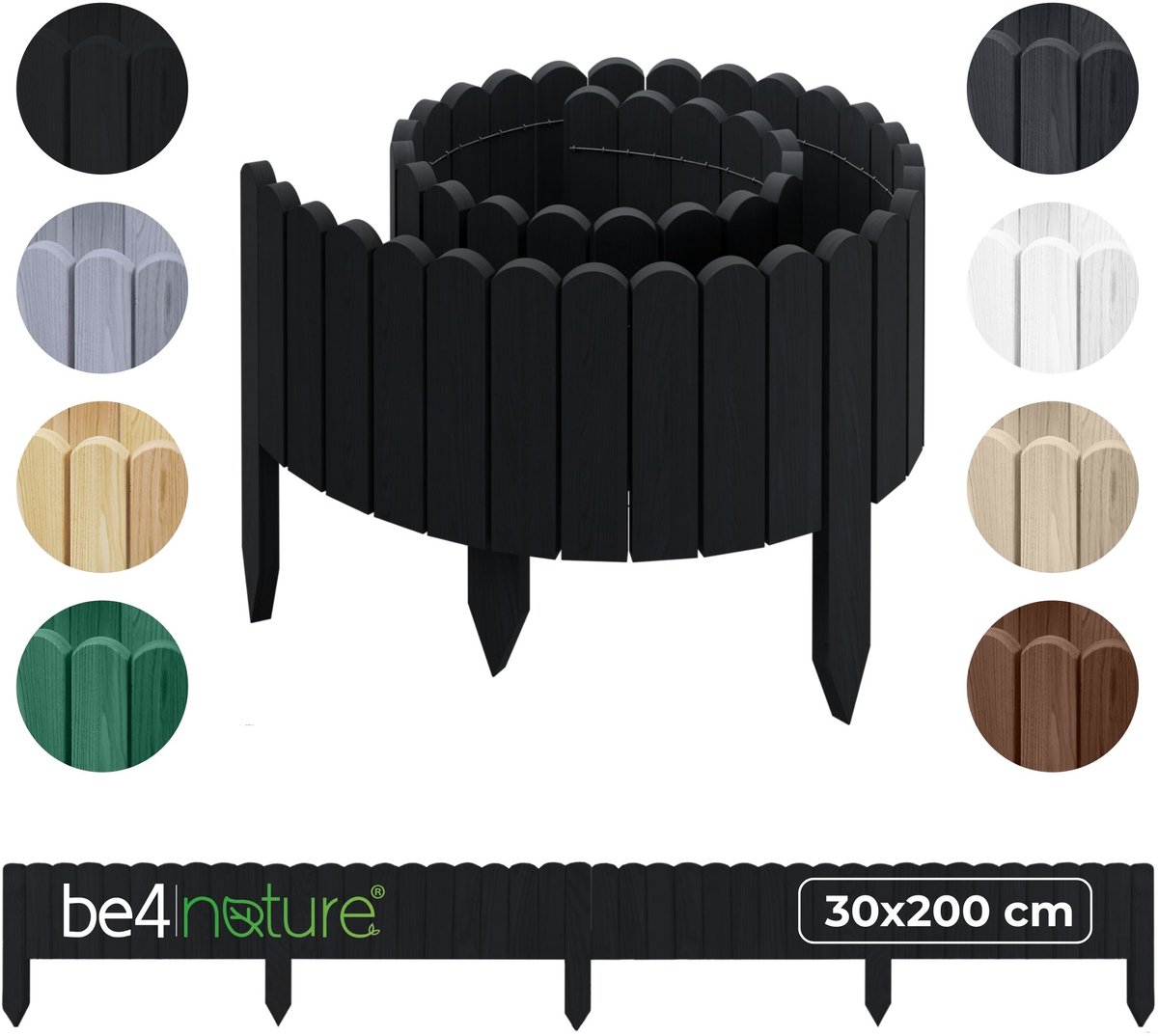 be4nature Flexibele houten border 30 x 200 cm Zwart Geïmpregneerde rolborder plantenrand tuinhek decor palissade graskant