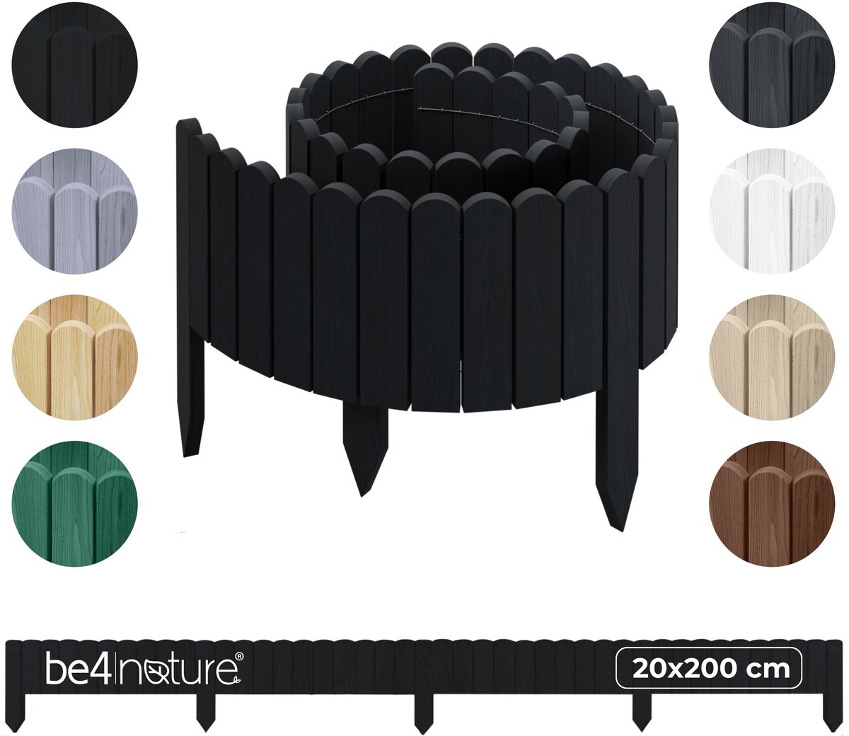 be4nature Flexibele houten border 20 x 200 cm Zwart Geïmpregneerde rolborder plantenrand tuinhek decor palissade graskant