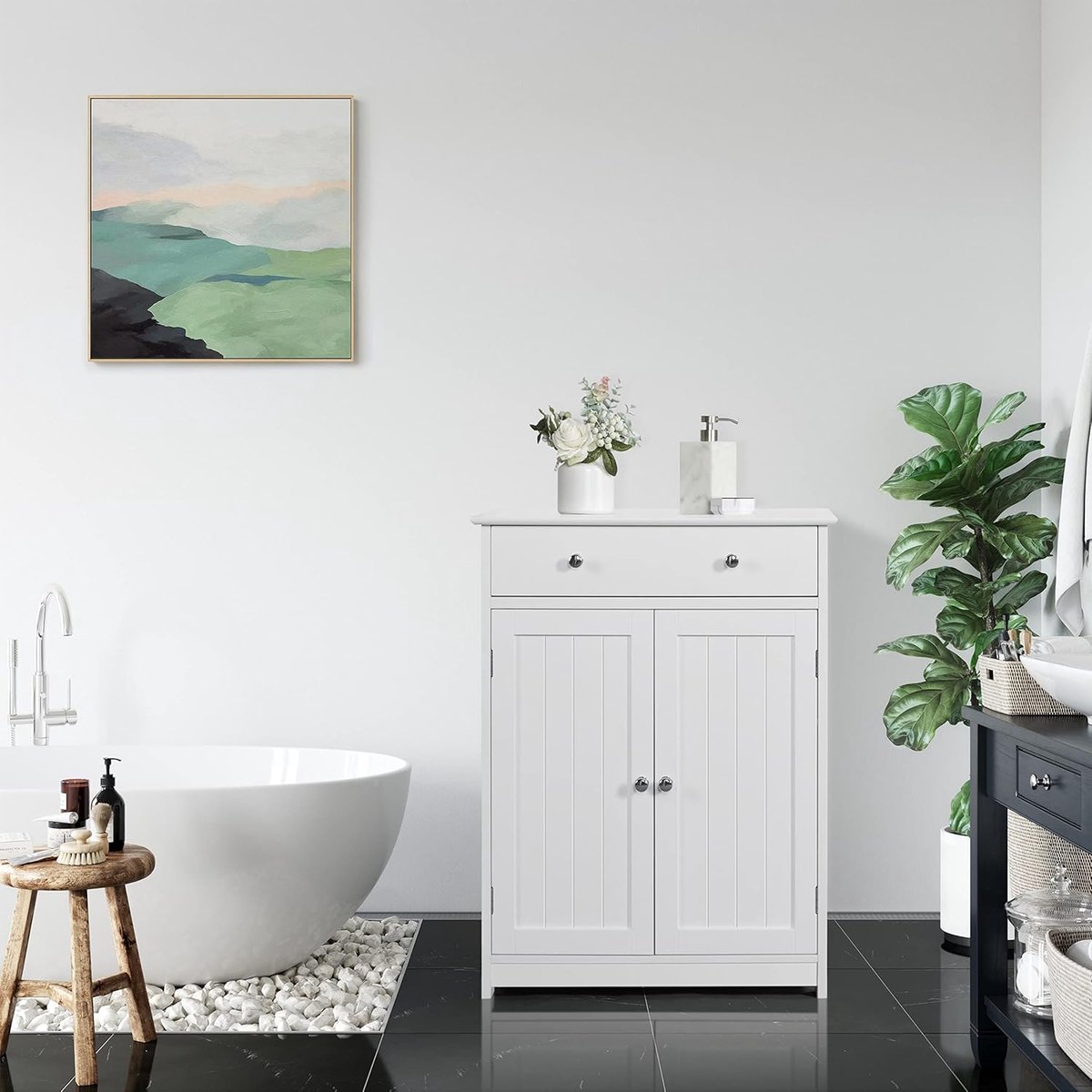 Lumiere Opbergkast met Lade en Dubbele Deur – Wit – Badkamerkast, Keukenkast, Commode – 60 x 30 x 80 cm – Met MDF en Metaal – Modern Design - House&Garden