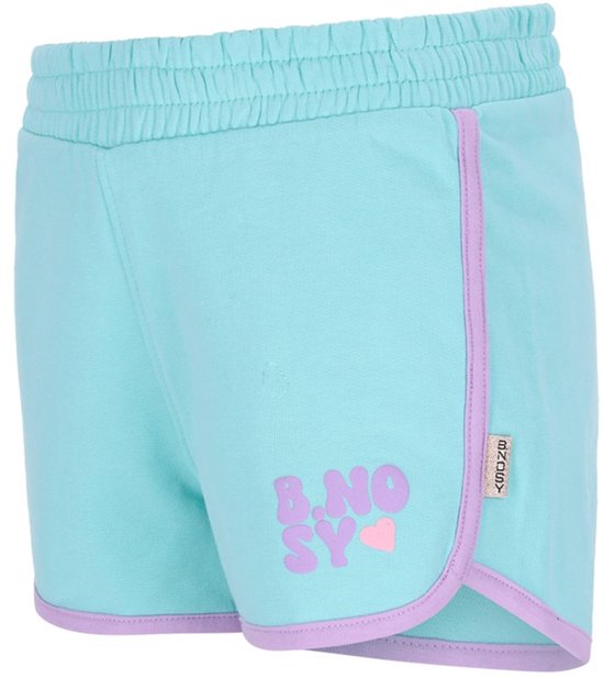 Lichtblauwe short met paarse biezen en opdruk 'B.NO SY' met hartje.