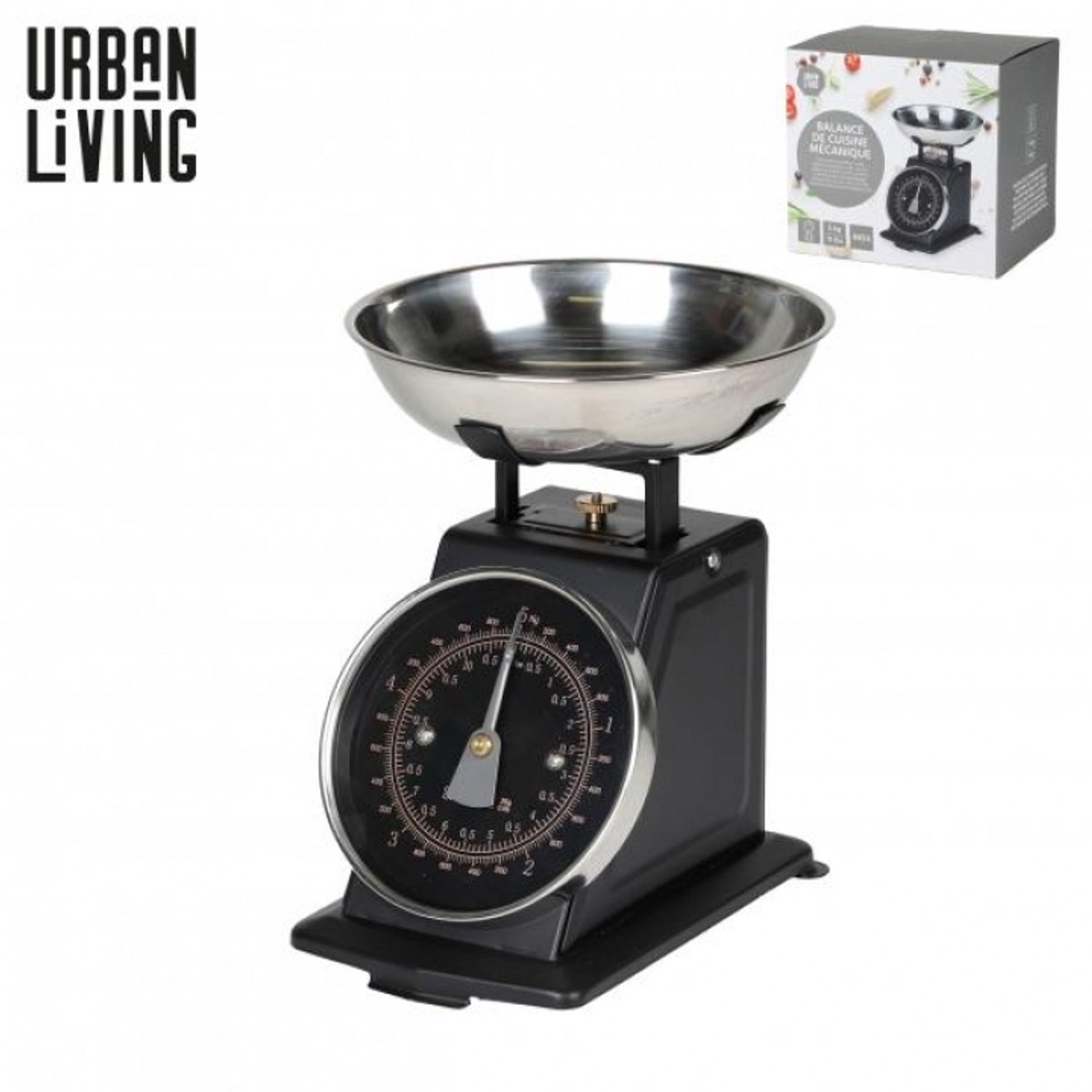 Mechanische keukenweegschaal 5 kg zwart met RVS‑kom