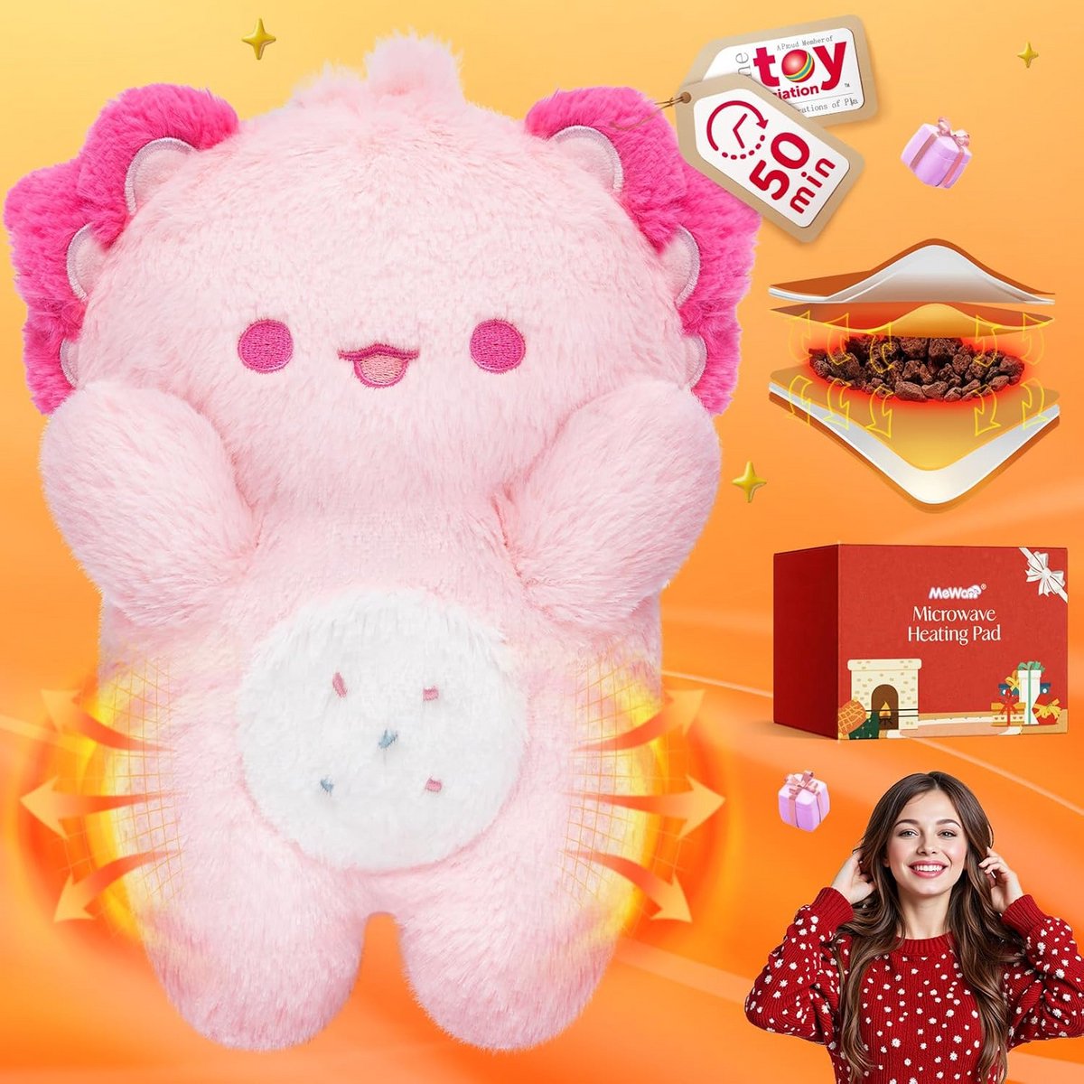 Verwarmingskussen Roze Axolotl - Warmte- en Koudebehandeling, 50 minuten warm, zacht pluche