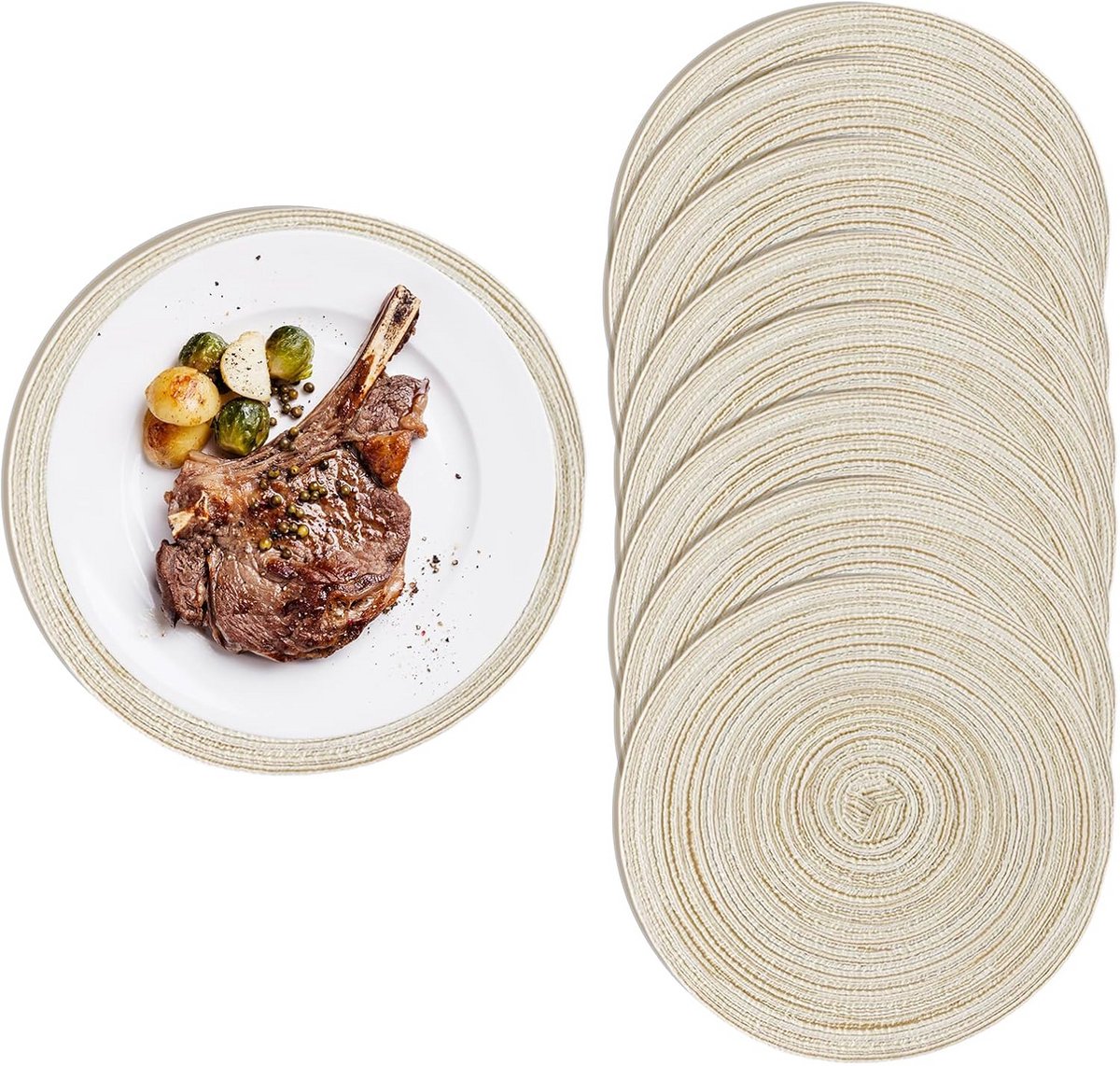Set van 8 ronde placemats 38 cm gevlochten hittebestendig anti-slip beige