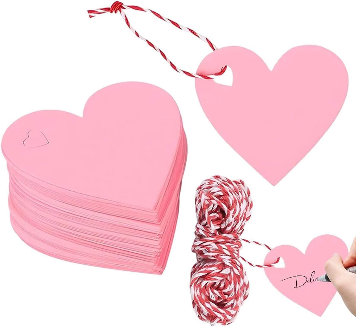 Imperatoris - Cadeau Tags - Labels - Kado Etiketten - Kraftpapier - Wit, Roze - Karton aan touwtjes -100 stuks hartvormige cadeaulabels - 6.5 x 6.5 cm - 20 m