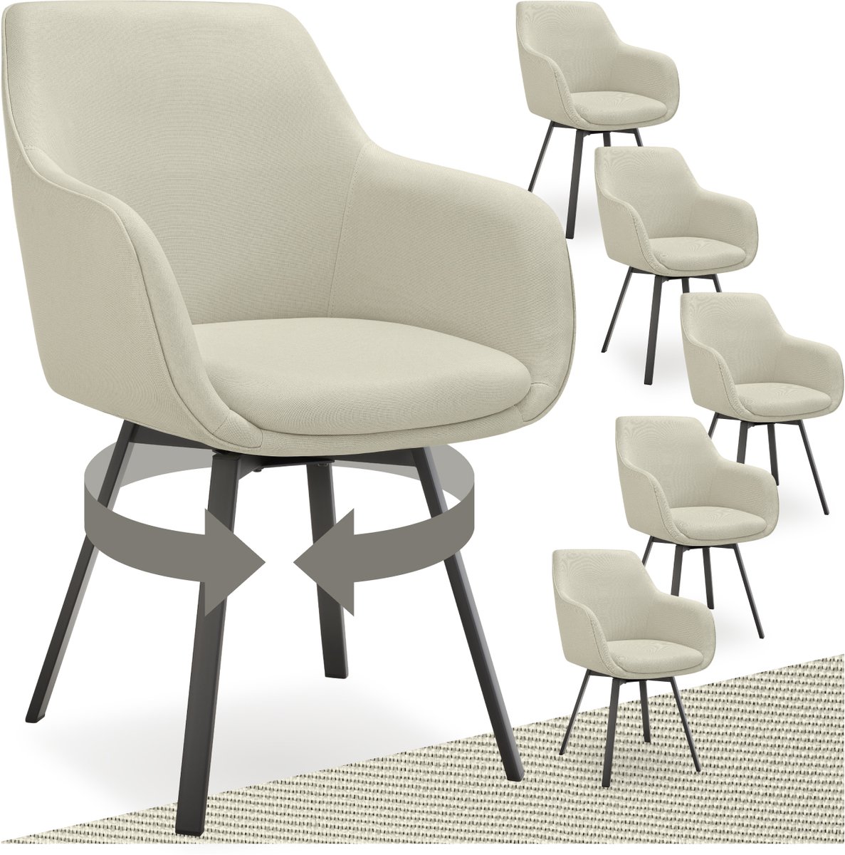 Tectake Draaibare eetkamerstoel Alicon - Gestoffeerd - Stijl en comfort in één - Eetkamerstoel - Bureaustoel - Woonkamerstoel - Fauteuil - Set van 6 - Beige