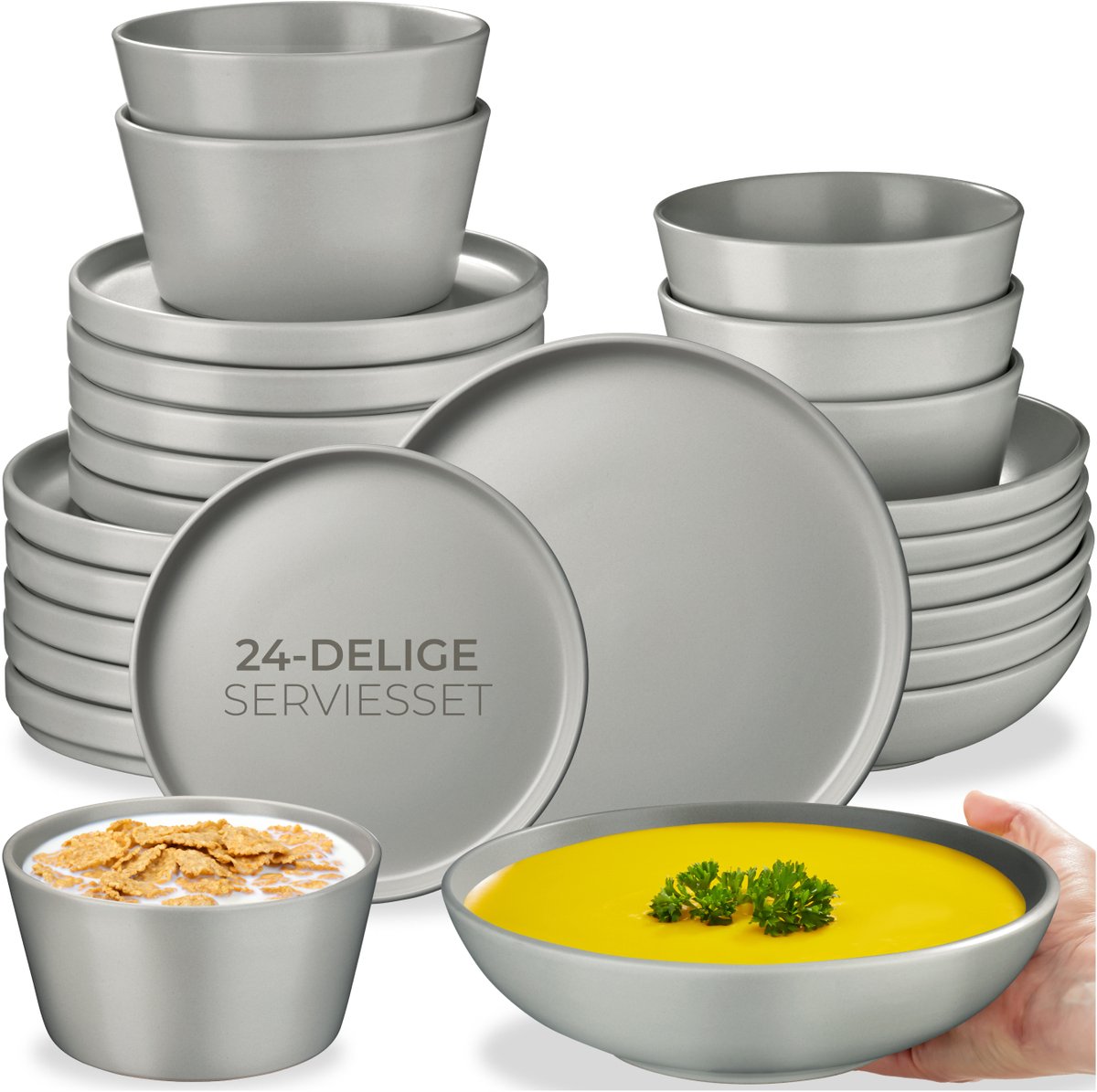 tectake® Serviesset Una - 24-delig - Aardewerk - 6 Persoons - Stijlvol en Duurzaam Servies - Bordenset met Grote en Kleine Borden, Kommen, Schaaltjes - Grijs