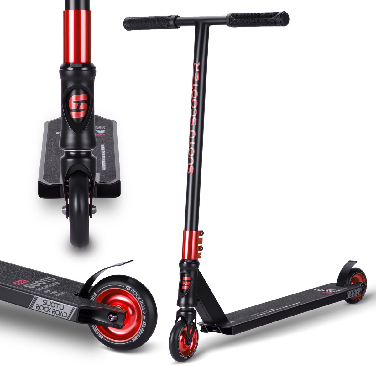 Suotu Stuntstep - Step - Kinderstep - Speelgoed Jongens/Meisjes - Maximale stuurhoogte: 78 cm - Aluminium - Buitenspeelgoed - Zwart/Rood