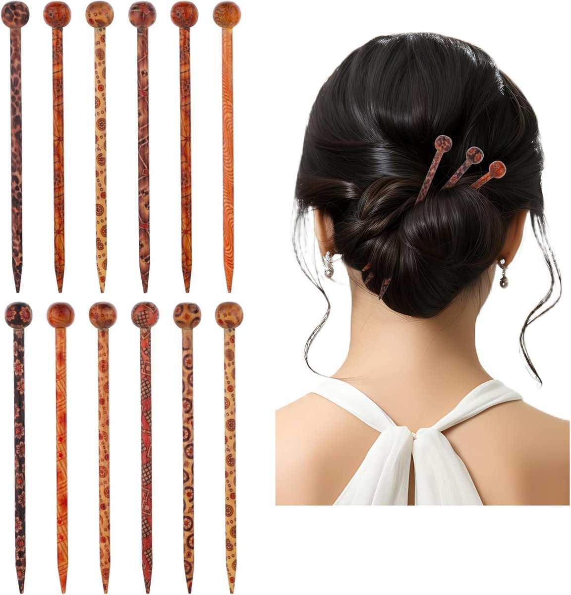 12x Vintage Houten Haarspelden voor Dames en Meisjes - Chinese Stijl Haarpin