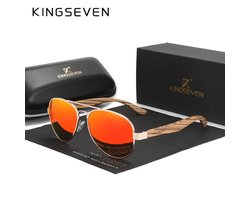 KINGSEVEN 5518 Pilotenbril - Zwart Frame met Spiegelrode Lenzen & Houtlook Pootjes