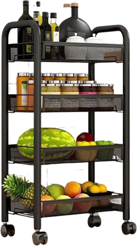 Zwart 4-laags keukenrek op wielen, gevuld met fruit en flessen. Op witte achtergrond.