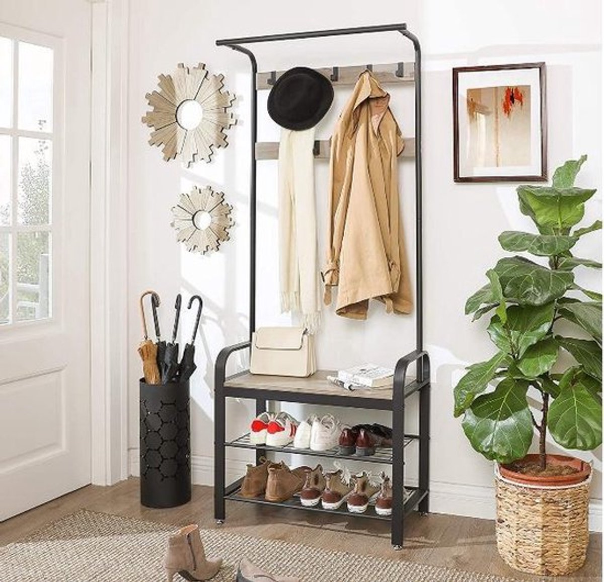 MIRA Home - Garderoberek - Kapstok met schoenenrek - Multifuctioneel - Industrieel - Grijs/Zwart- 72x33,7x183
