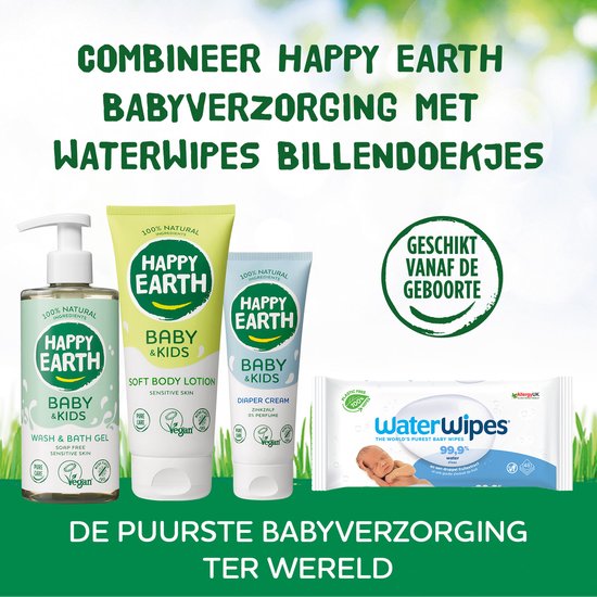 Happy Earth baby wash & bath gel, body lotion, luiercrème en WaterWipes billendoekjes.