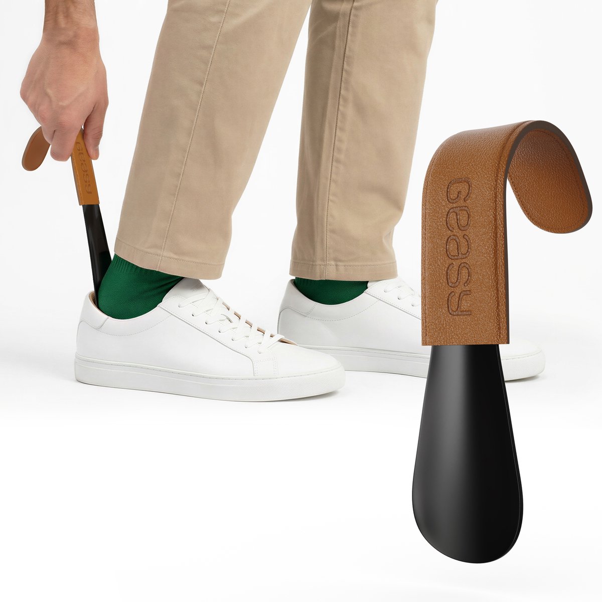 GEASY Schoenlepel - Schoenlepel Klein - 15 CM - Schoenlepels - Metaal - Mat Zwart met Bruin Leren Handvat - Schoen Lepel - Hulpmiddelen voor Ouderen - Hulpmiddel - Zelfhulp - Zorg