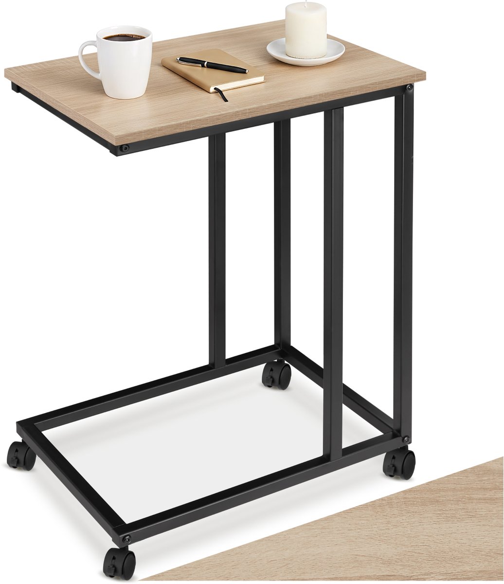 tectake® C-Vormige Bijzettafel - Salontafel met wieltjes - Mobiele laptoptafel van hout en metaal - Industrieel design - Belastbaarheid 75 kg - Afmeting (LxBxH) 48 x 35 x 70 cm - Zwart metalen frame - Lichtbruin