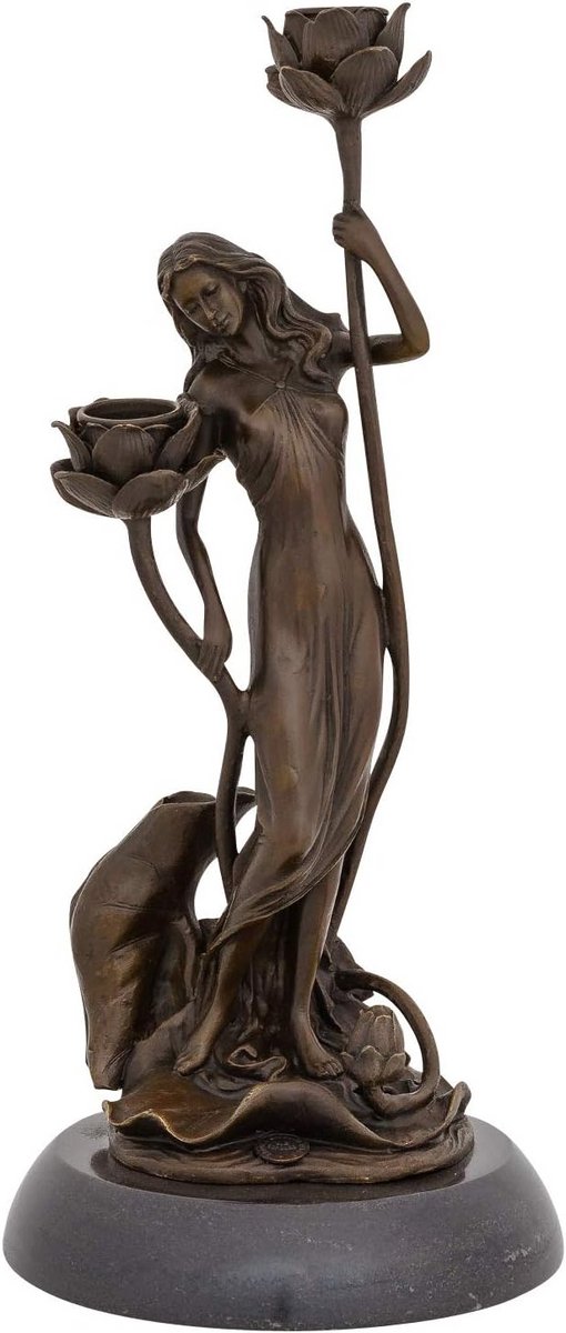 Antieke Stijl Bronzen Kandelaar Beeld Vrouw met Roos - Hoogwaardig Handwerk 35cm