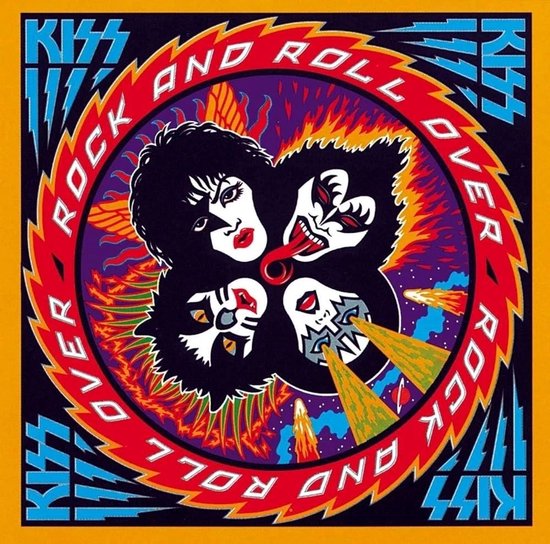 Kiss Rock And Roll Over albumhoes met de vier bandleden in een cirkel.