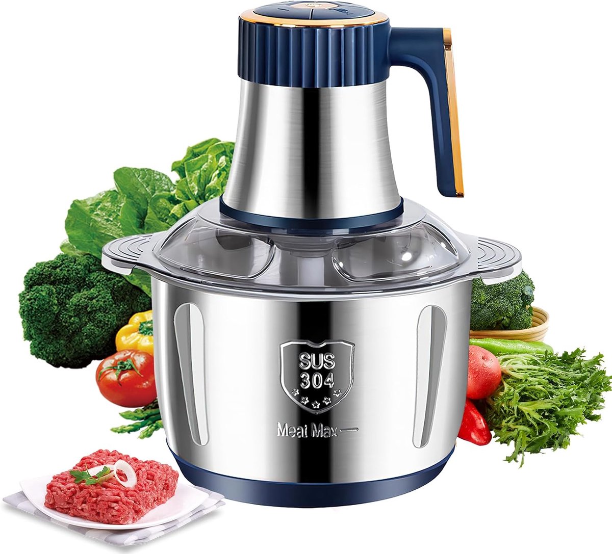 Hakmolen - Hakmolen electrisch - Hakmolen Elektrisch - Elektrische hakmolen - Vleesmolen - Multifunctionele hakker - 5L - 500W - 5 snelheidsniveaus - RVS - Vlees - Groenten - Fruit - Blauw