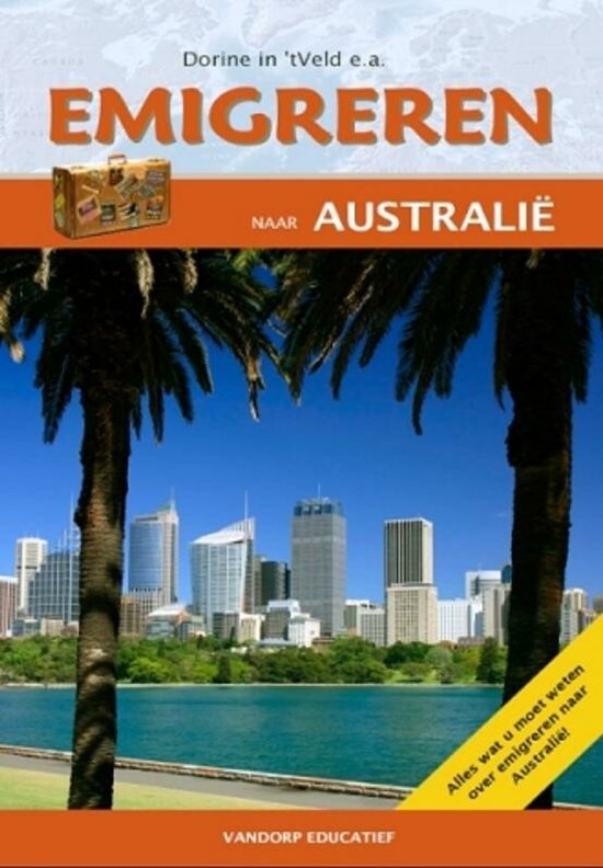 Boek 'Emigreren naar Australië' met een koffer en de skyline van Sydney.