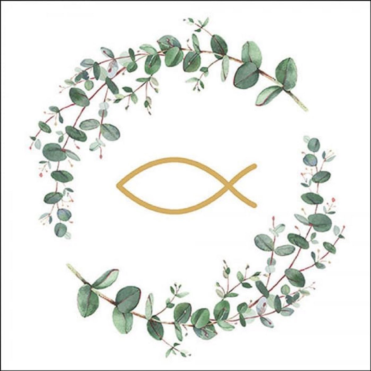 20 Witte Servetten met Gouden Vis en Eucalyptuskrans voor Doop, Communie en Vormsel