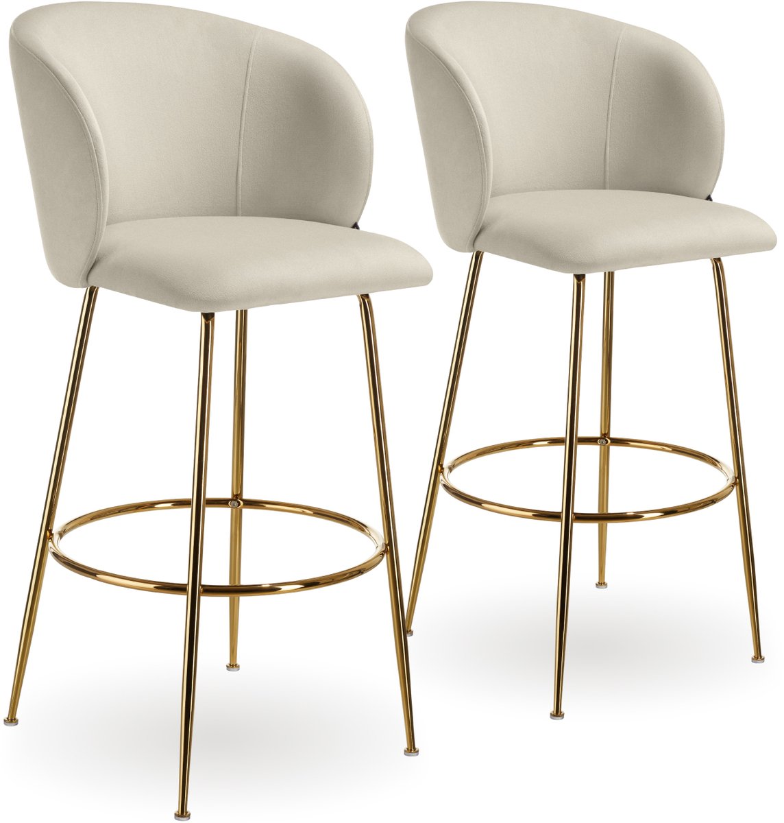Tectake Set van 2 Barkrukken Luana - Gestoffeerde Barkruk met rugleuning - Barstoelen - Barstoel met voetensteun - Eetkamerstoel met fluwelen bekleding - Stevige stalen poten met antislip vloerbescherming - Crème/goud creme/goud