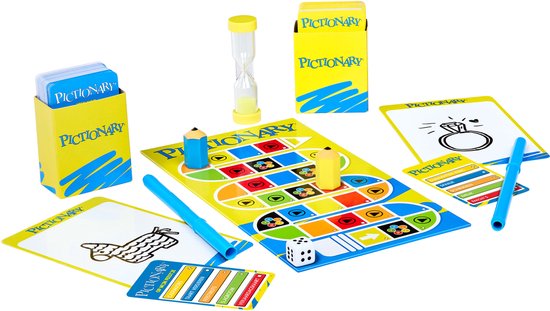 Pictionary spel met spelbord, piñata, ring, zandloper en stiften.