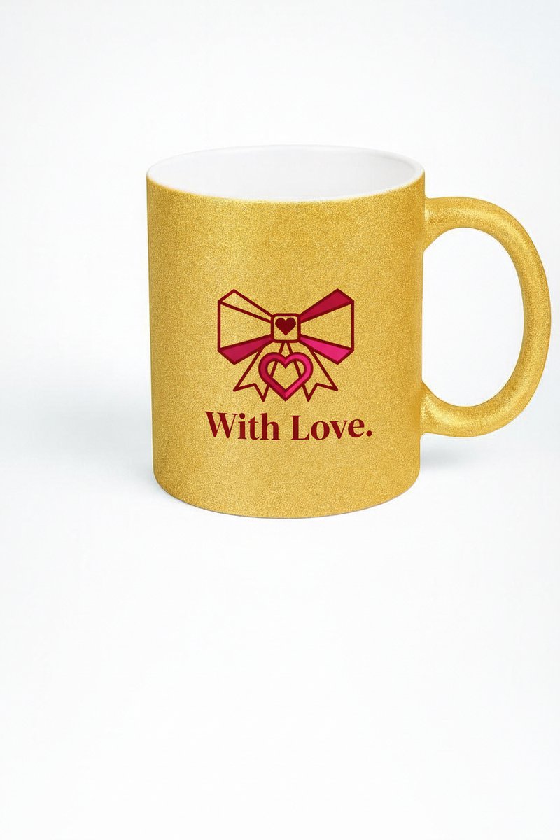 Gouden Glitter Mok 'With Love.' - Romantische Strik & Hart Design Cadeau