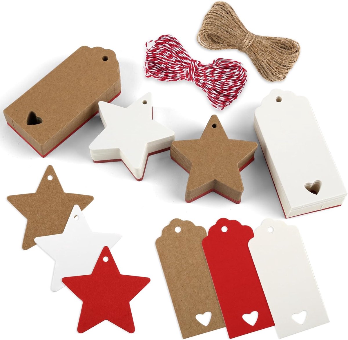 Imperatoris - Cadeau Tags - Labels - Kado Etiketten - Kraftpapier - bruin - Karton aan touwtjes - 200 stuks Cadeaulabels met ster en hartvormig - met 20 m jutetouw